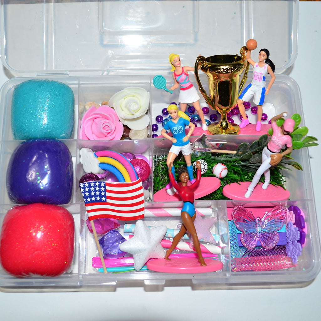Homemade Sports Barbie Themed Sensory Playdough Kit, Sensory Bin, Montessori, Busy Box