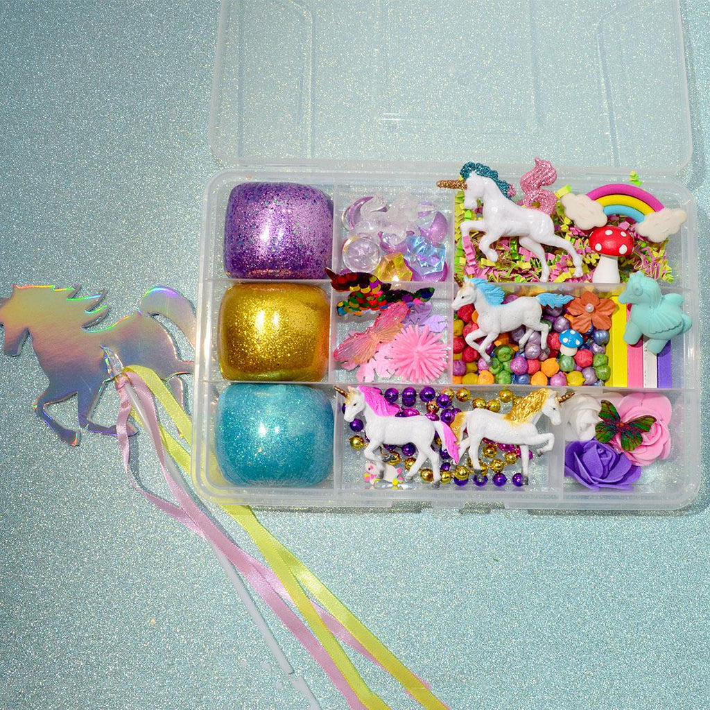 Homemade Unicorns & Rainbow Themed Sensory Playdough Kit, Sensory Bin, Montessori, Busy Box