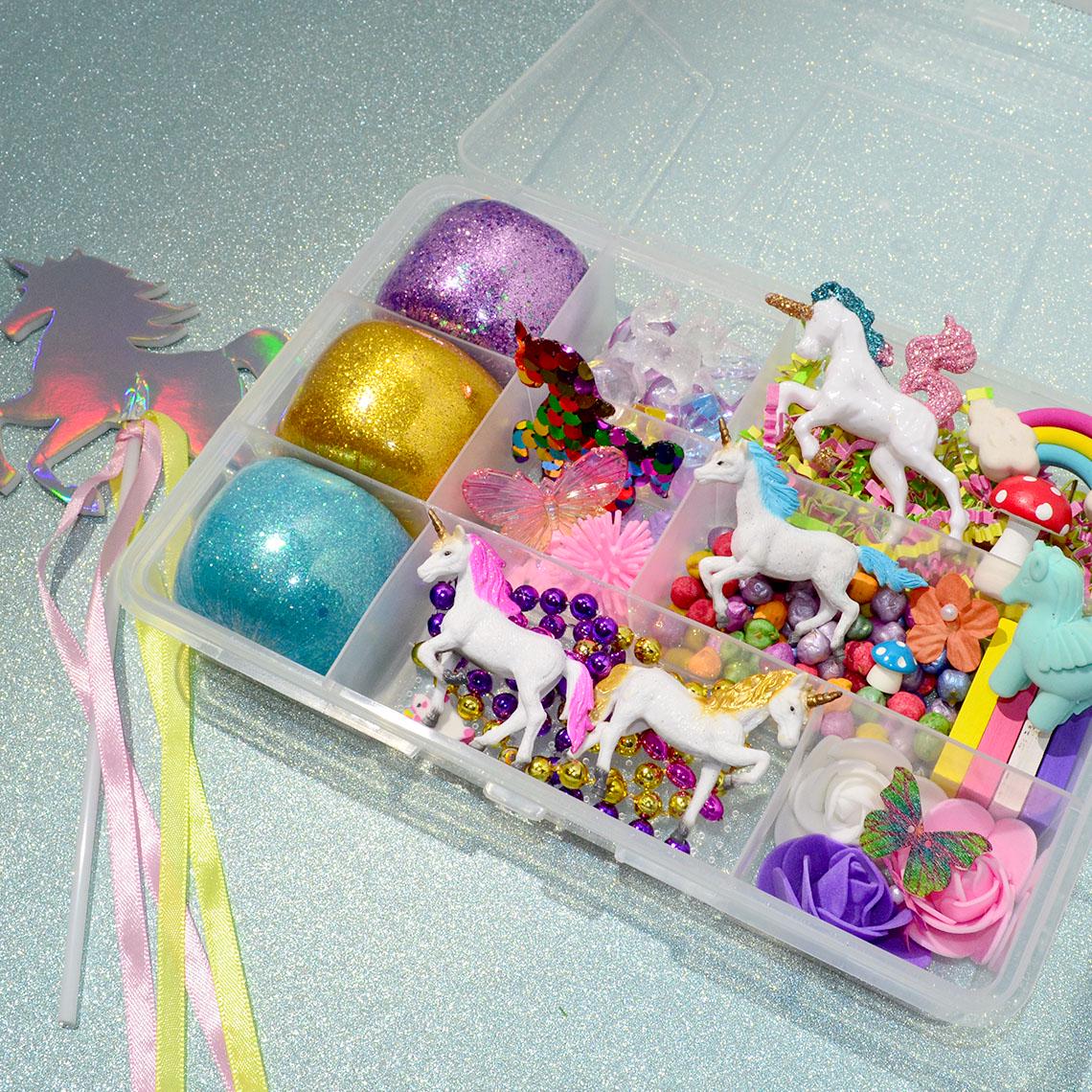 Homemade Unicorns & Rainbow Themed Sensory Playdough Kit, Sensory Bin, Montessori, Busy Box