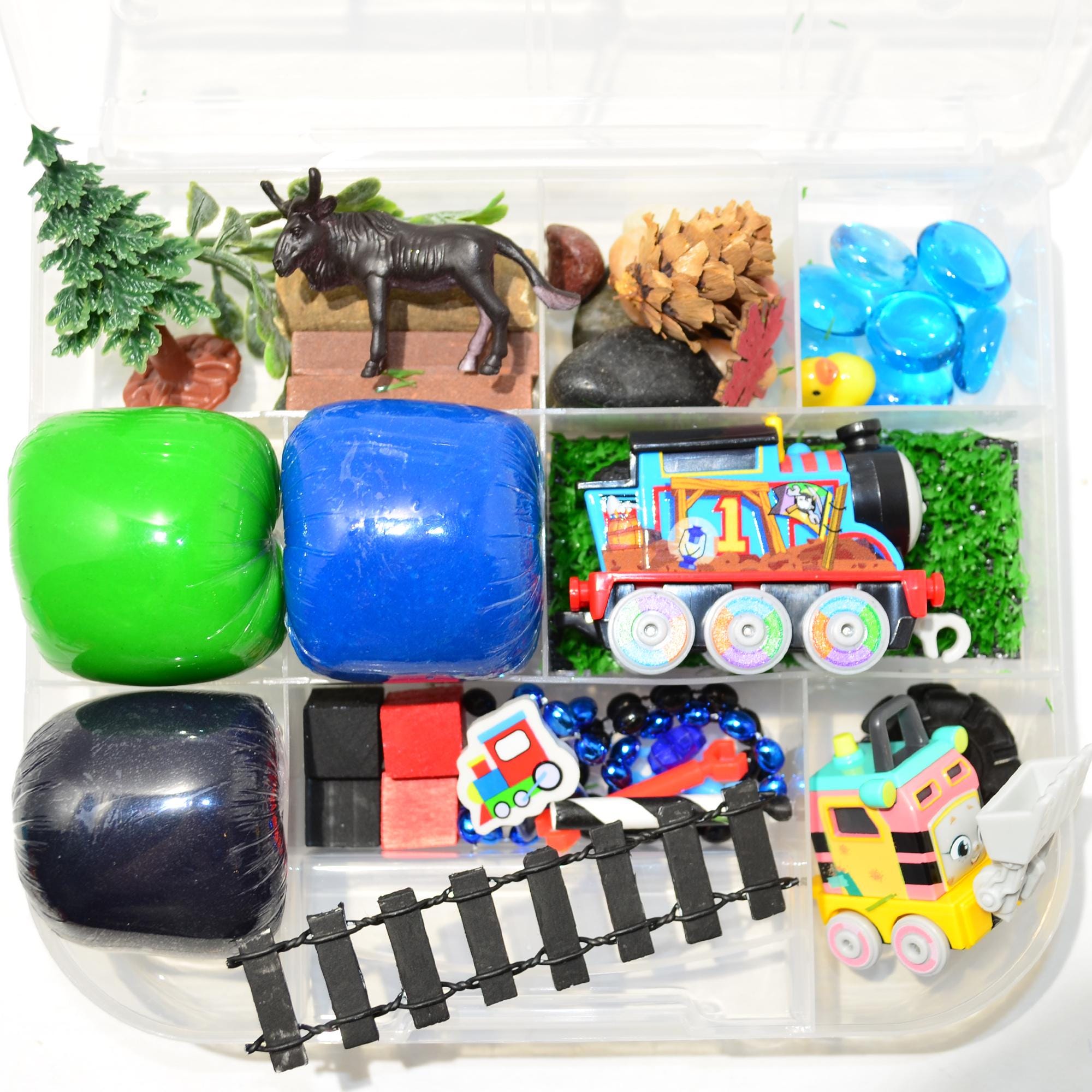 Homemade Thomas Train Themed Sensory Playdough Kit, Sensory Bin, Montessori, Busy Box