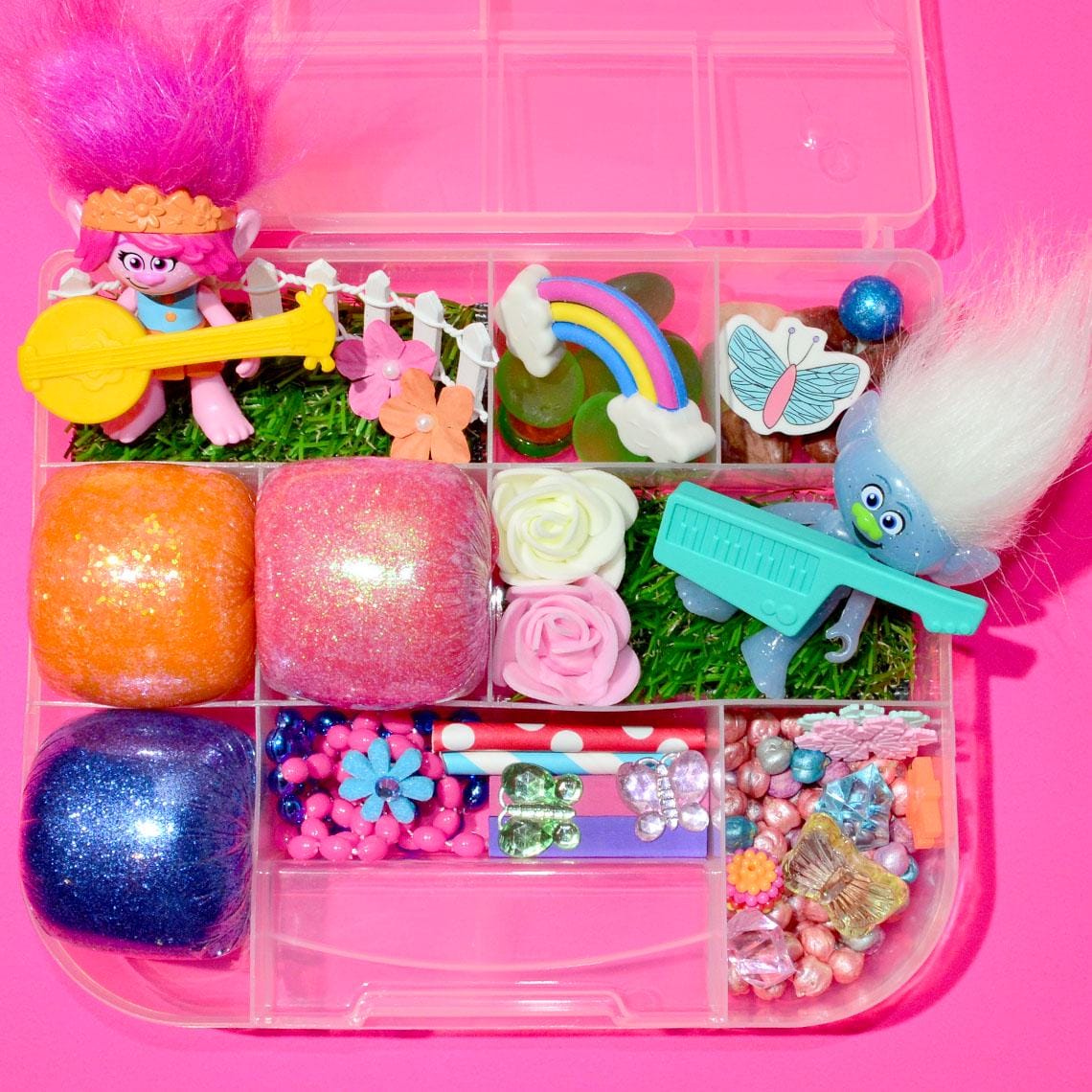 Homemade Trolls Themed Sensory Playdough Kit, Sensory Bin, Montessori, Busy Box