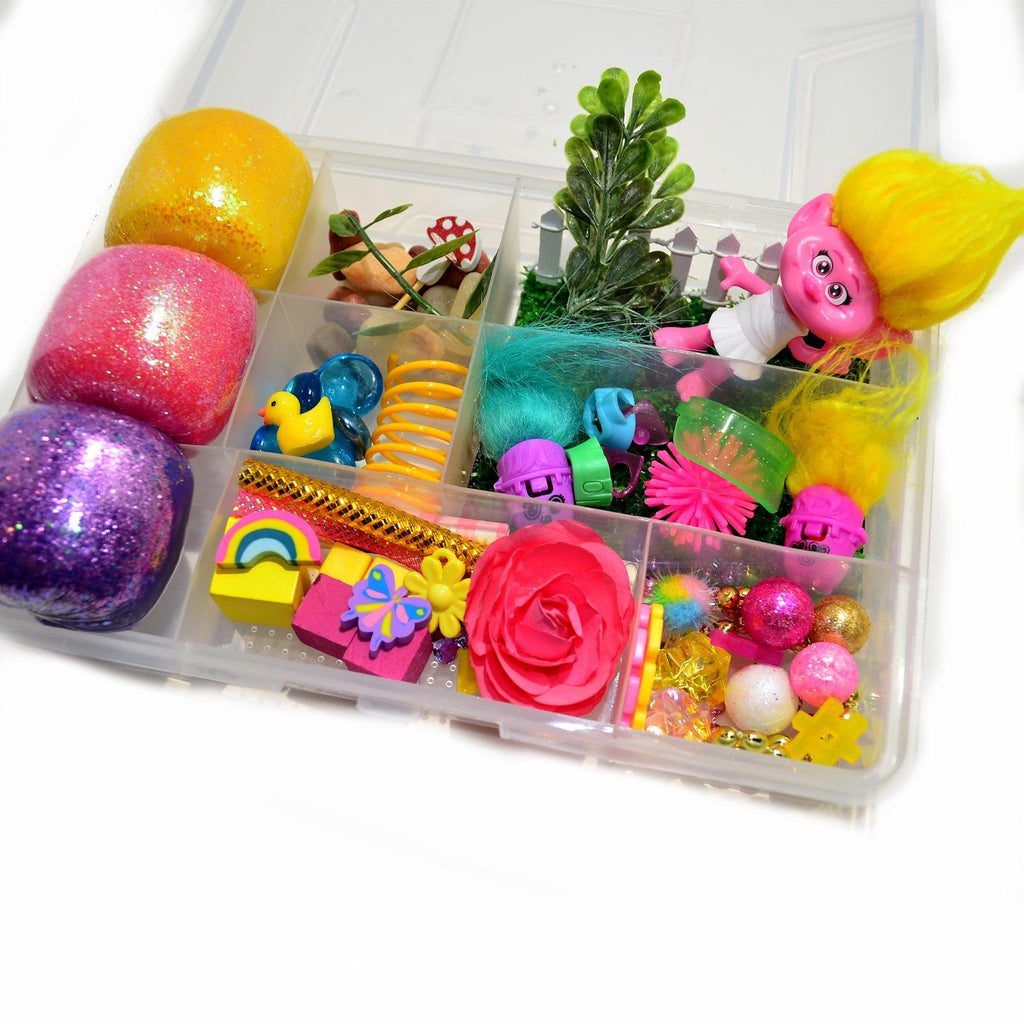 Homemade Troll Themed Sensory Playdough Kit, Sensory Bin, Montessori, Busy Box