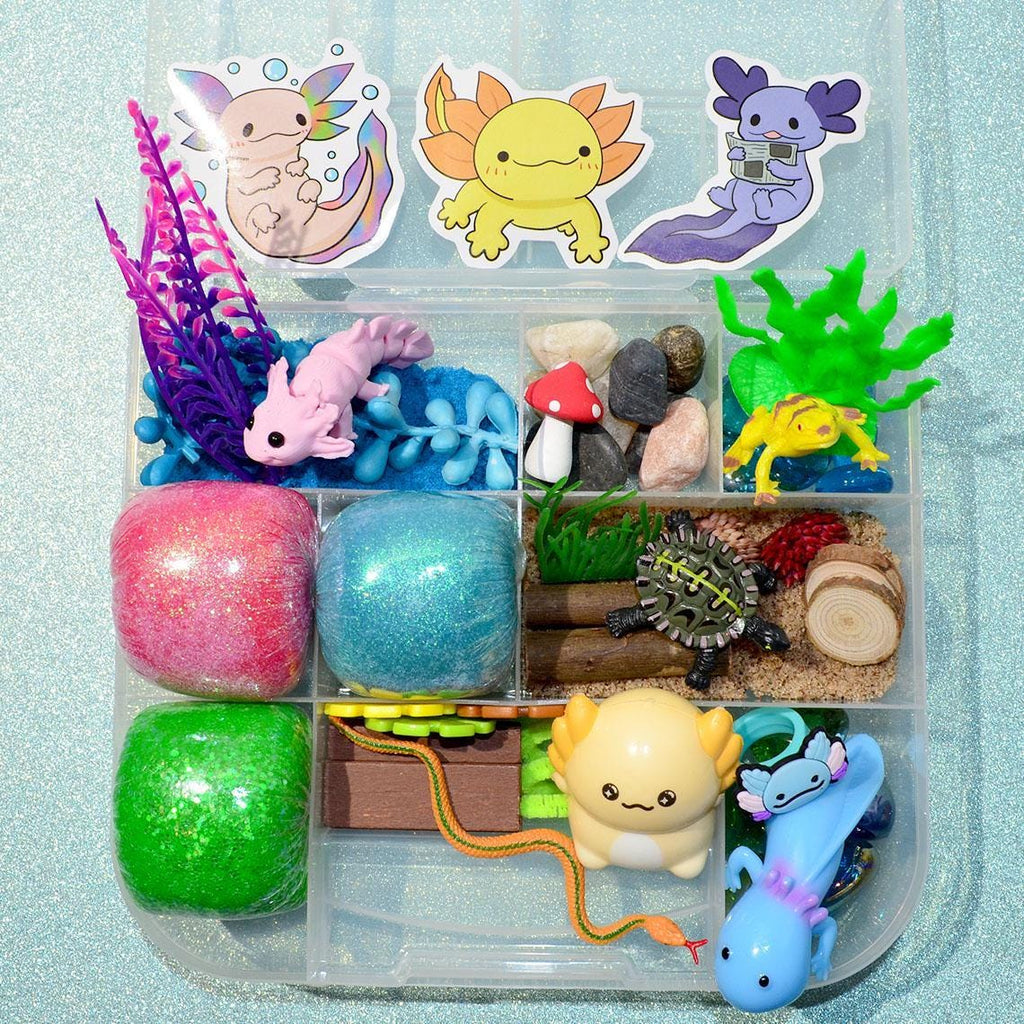 Homemade Axolotl Themed Sensory Playdough Kit, Sensory Bin, Montessori, Busy Box