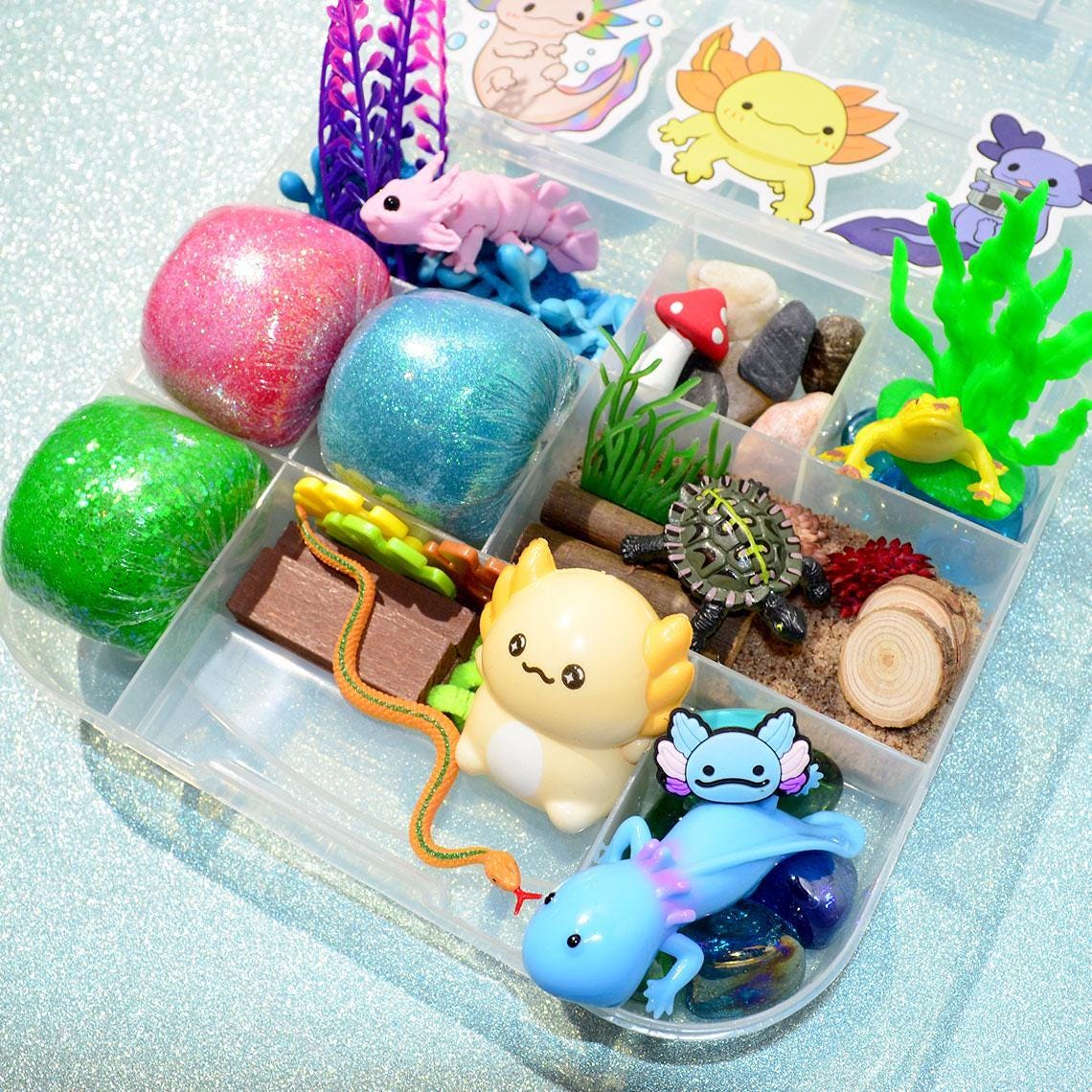 Homemade Axolotl Themed Sensory Playdough Kit, Sensory Bin, Montessori, Busy Box