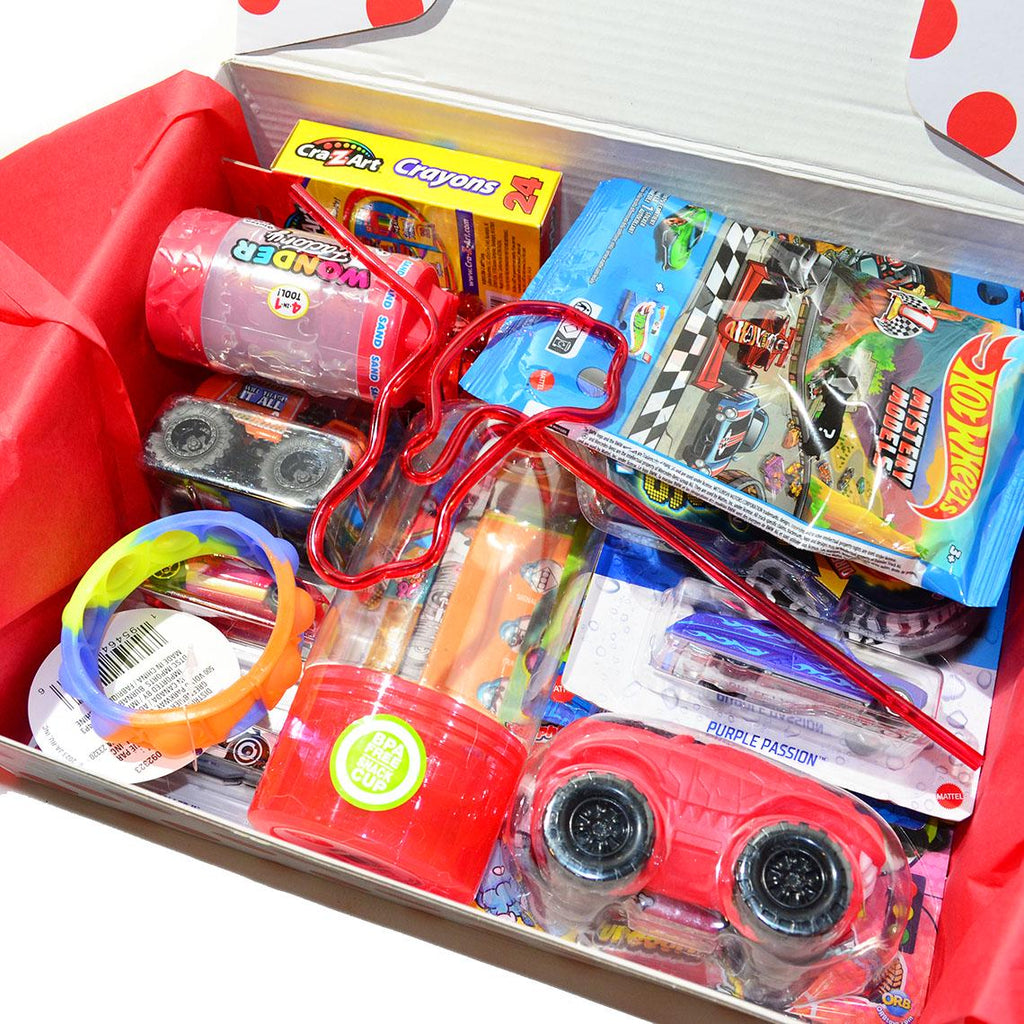 Personalized Pre-Filled Hotwheels Themed Gift box * Unique Birthday Gift for kids * surprise box • Toys, Activities gift- Thinking of you gift