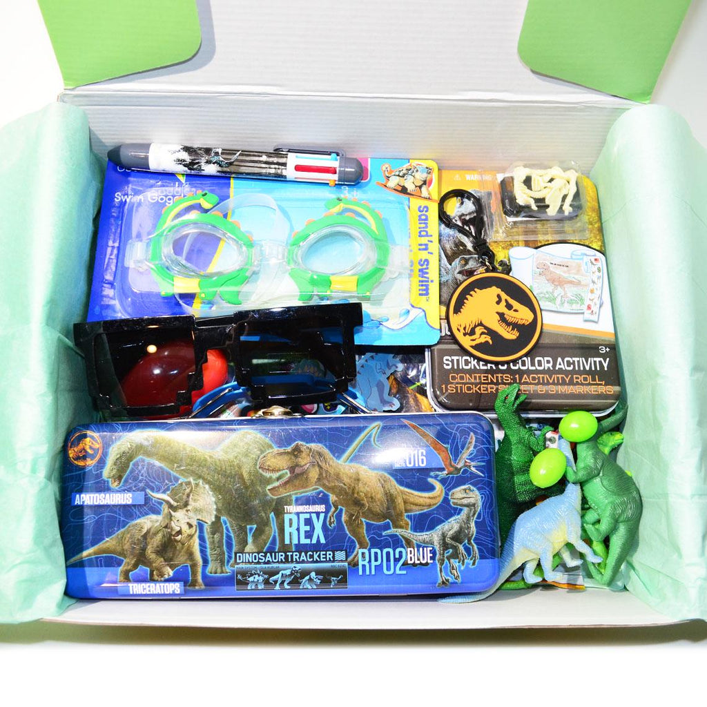 Personalized Pre-Filled Dinosaur Themed Gift box * Unique Birthday Gift for kids * surprise box • Toys, Activities gift- Thinking of you gift