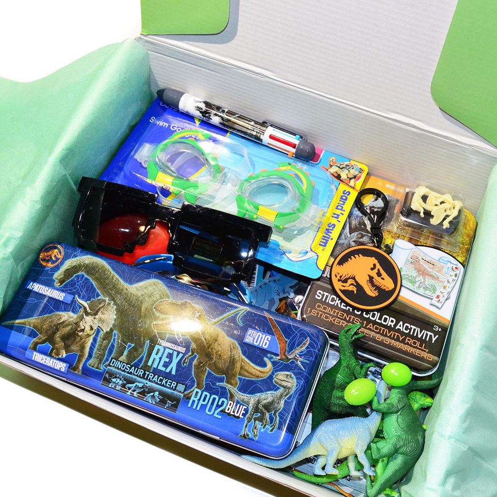 Personalized Pre-Filled Dinosaur Themed Gift box * Unique Birthday Gift for kids * surprise box • Toys, Activities gift- Thinking of you gift