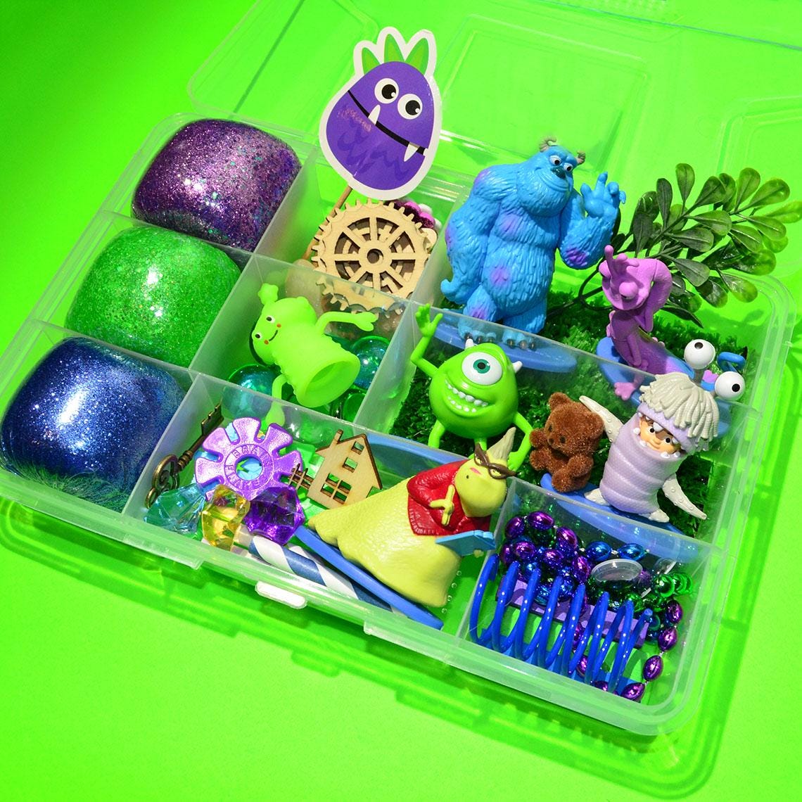 Homemade Monsters Inc Themed Sensory Playdough Kit, Sensory Bin, Montessori, Busy Box