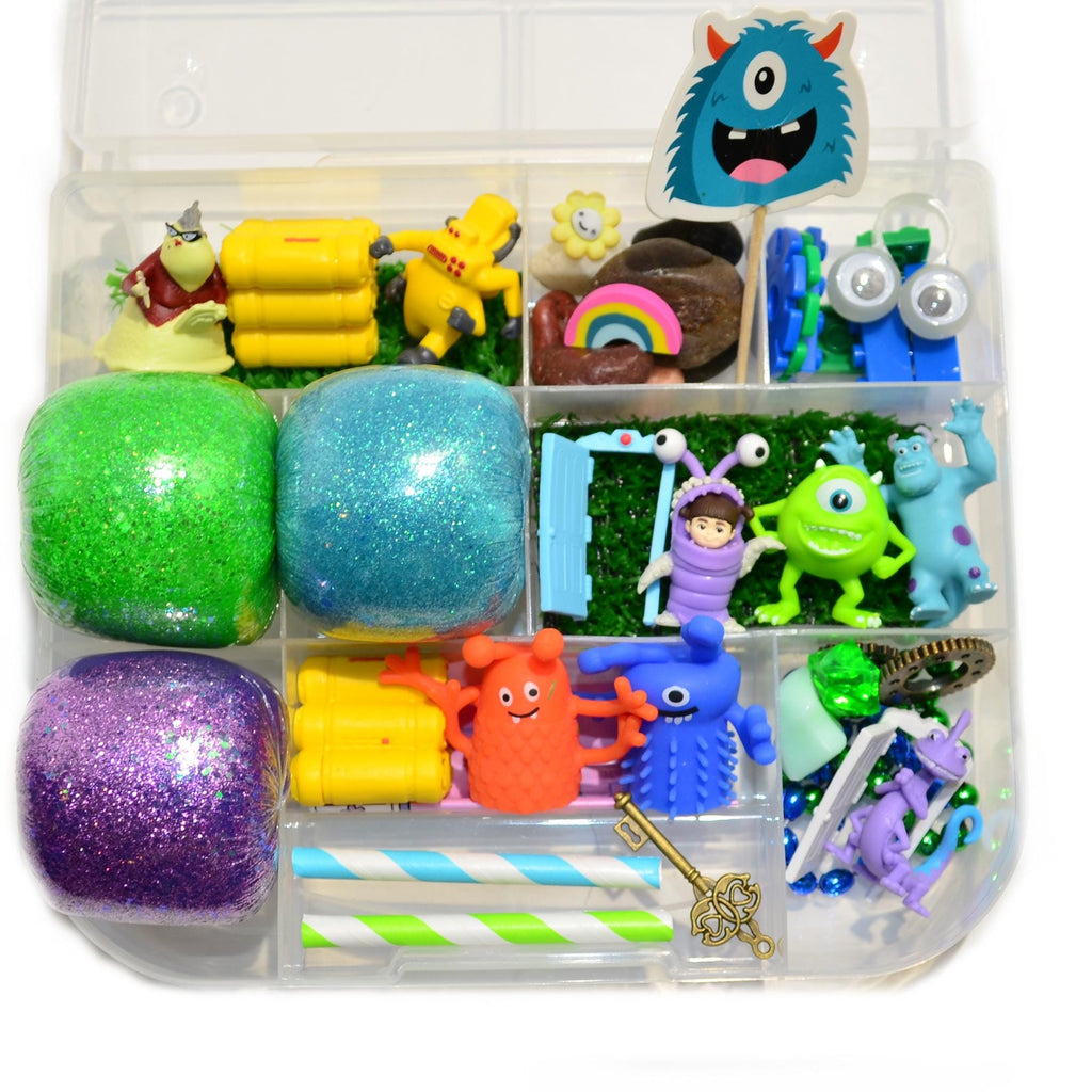 Homemade Monsters Inc Themed Sensory Playdough Kit, Sensory Bin, Montessori, Busy Box