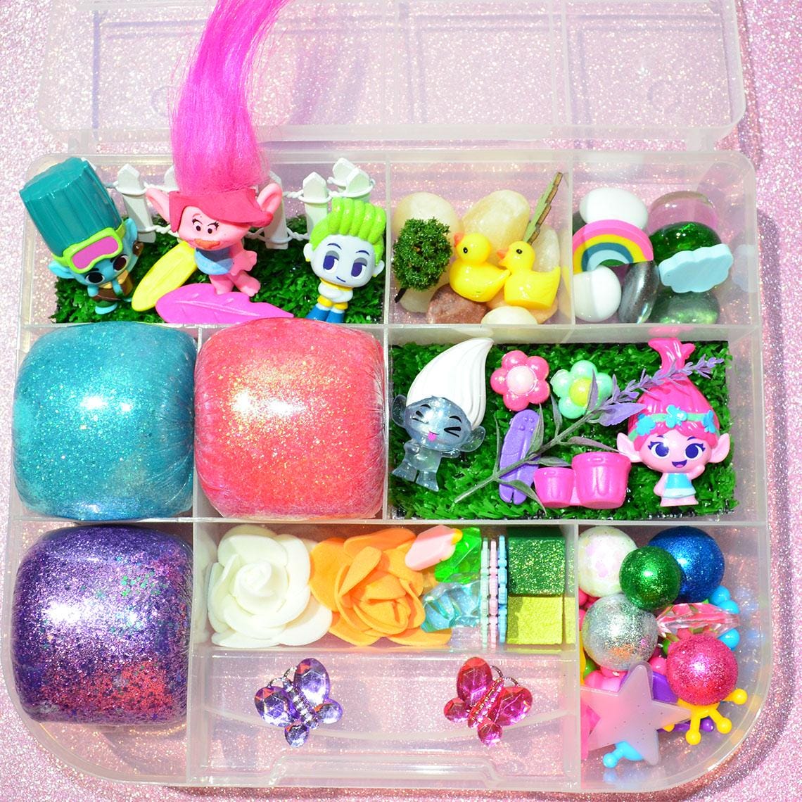 Homemade Trolls Themed Sensory Playdough Kit, Sensory Bin, Montessori, Busy Box