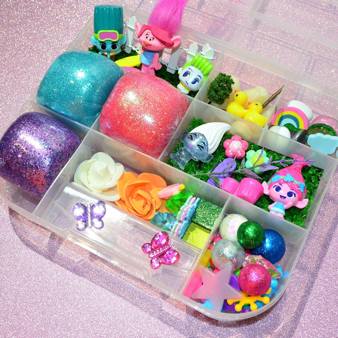 Homemade Trolls Themed Sensory Playdough Kit, Sensory Bin, Montessori, Busy Box