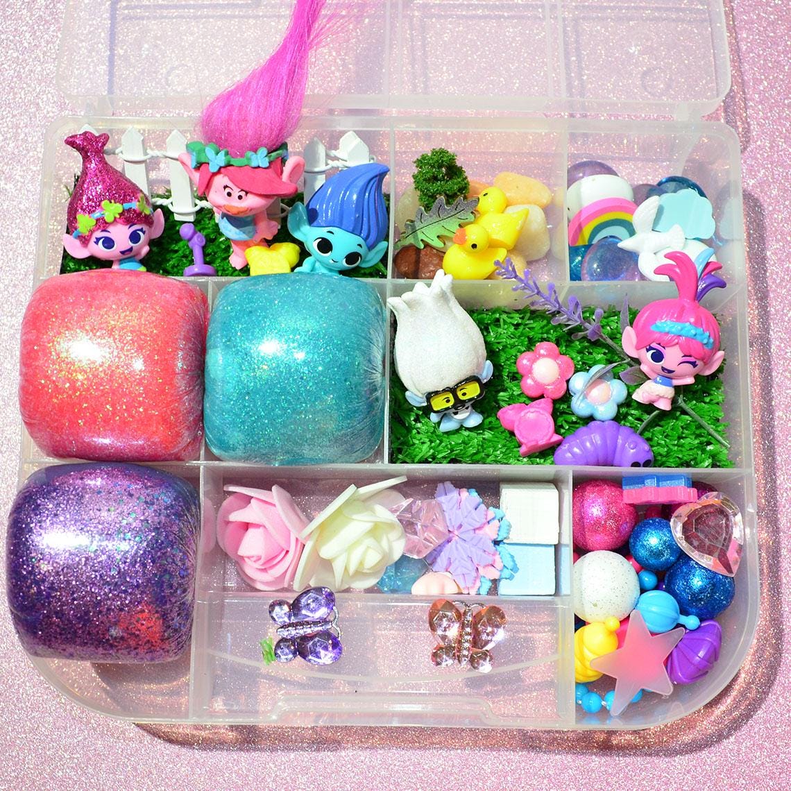 Homemade Trolls Themed Sensory Playdough Kit, Sensory Bin, Montessori, Busy Box