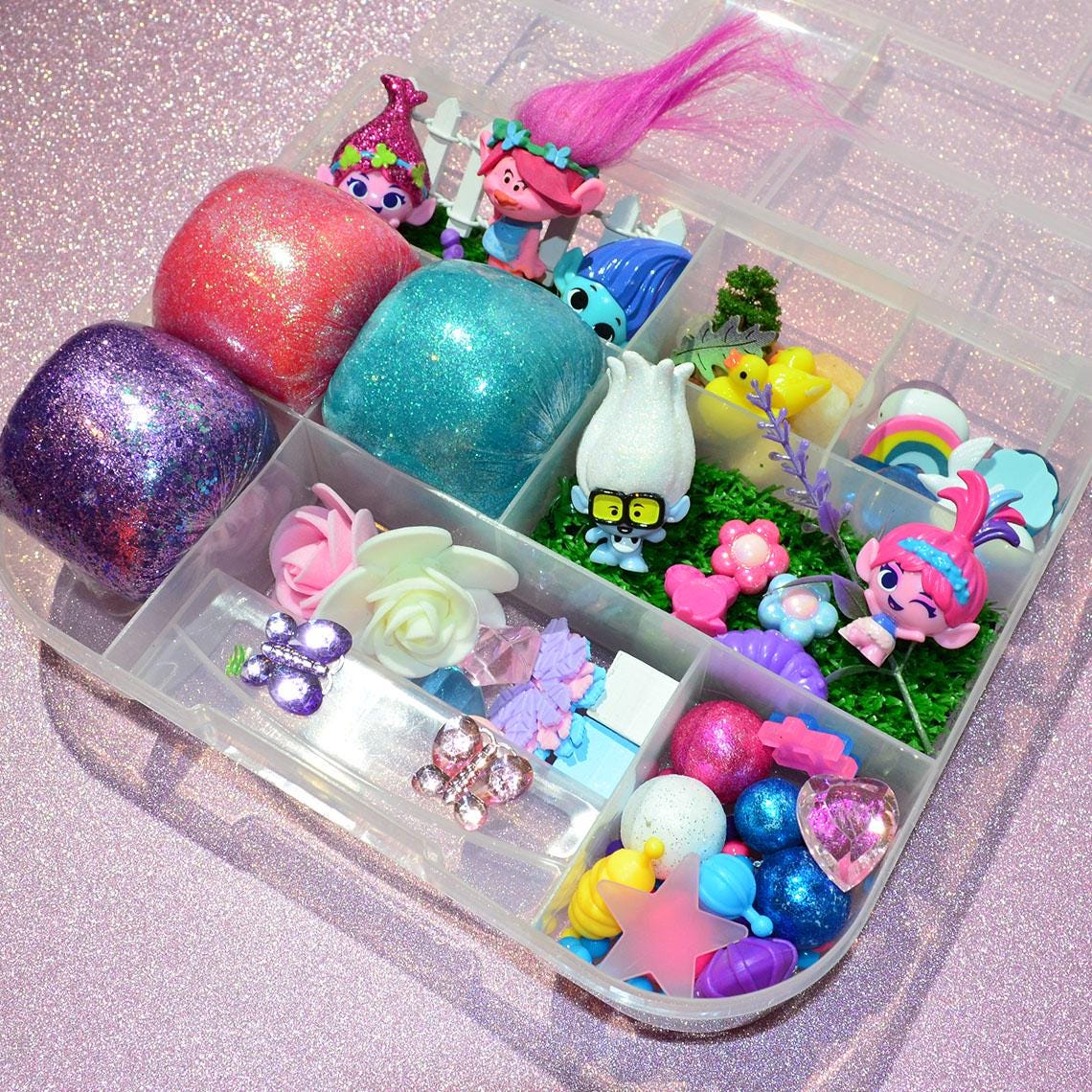 Homemade Trolls Themed Sensory Playdough Kit, Sensory Bin, Montessori, Busy Box