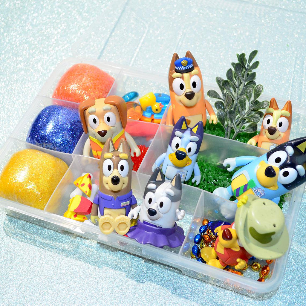 Homemade Bluey Themed Sensory Playdough Kit, Sensory Bin, Montessori, Busy Box