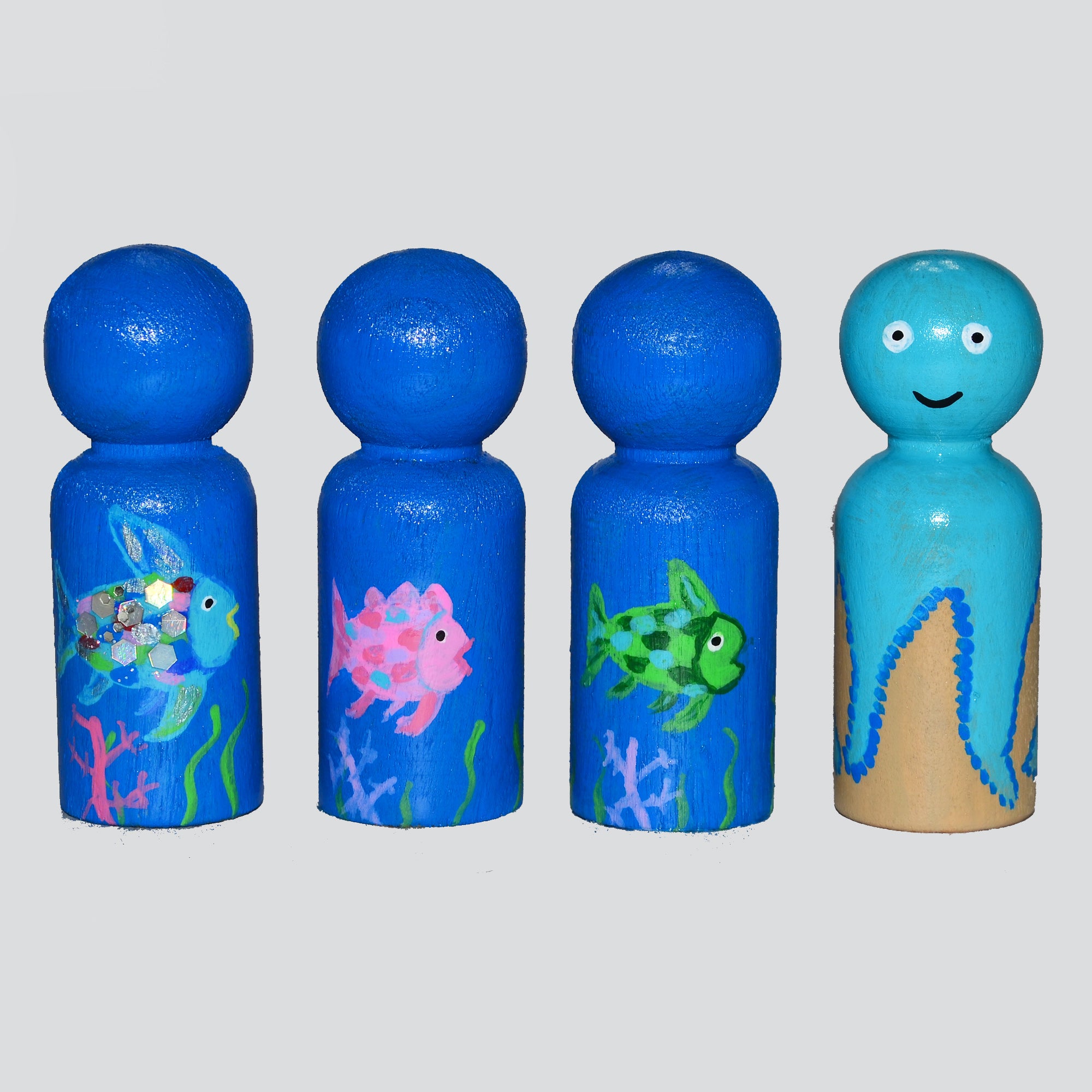 Rainbow Fish Storybook Peg Dolls' Hand painted Wooden Peg Doll Toys - Dollhouse Peg Dolls, Loose Parts Play, Montessori Toys