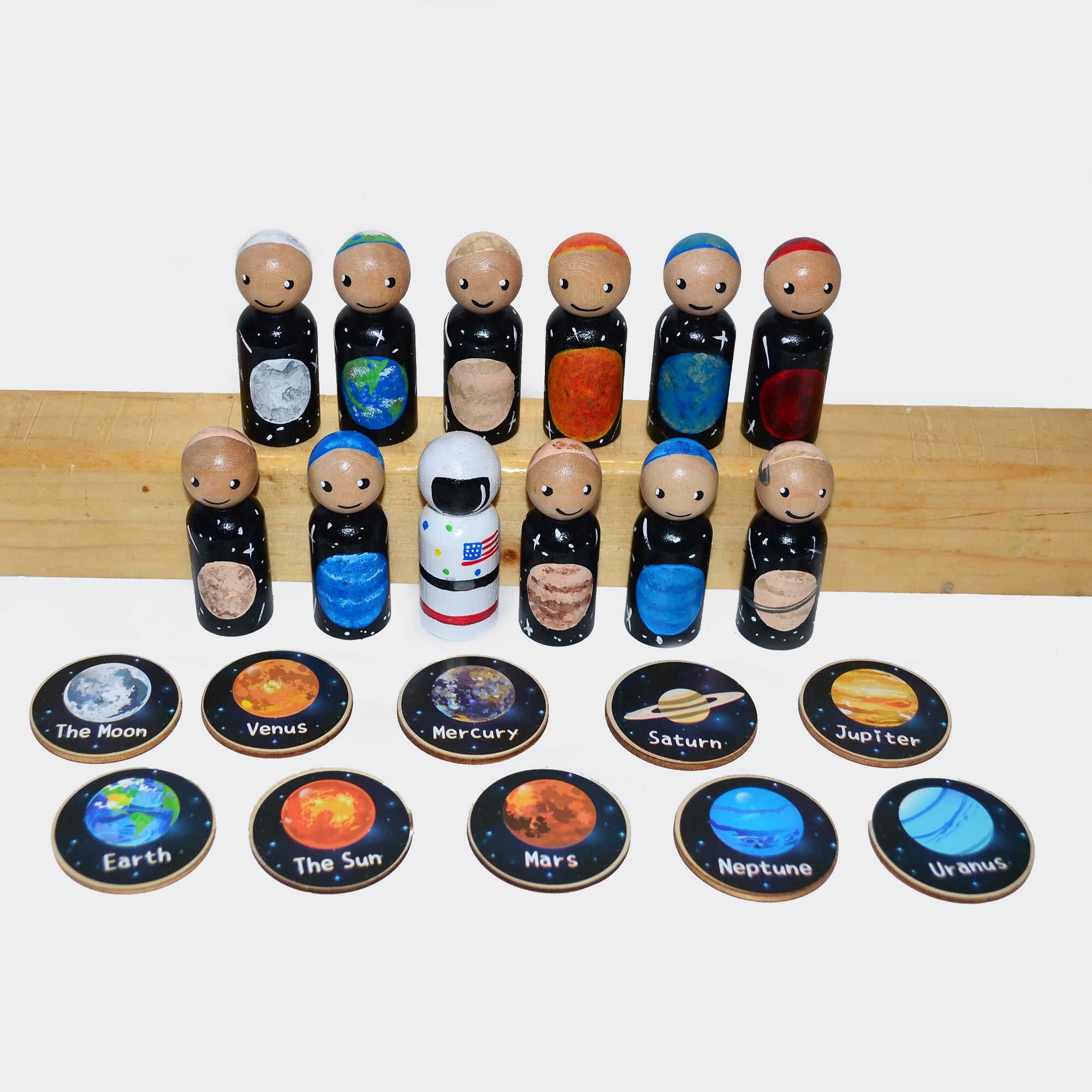 Solar System Peg Dolls' Hand painted Wooden Peg Doll Toys - Dollhouse Peg Dolls, Loose Parts Play, Montessori Toys