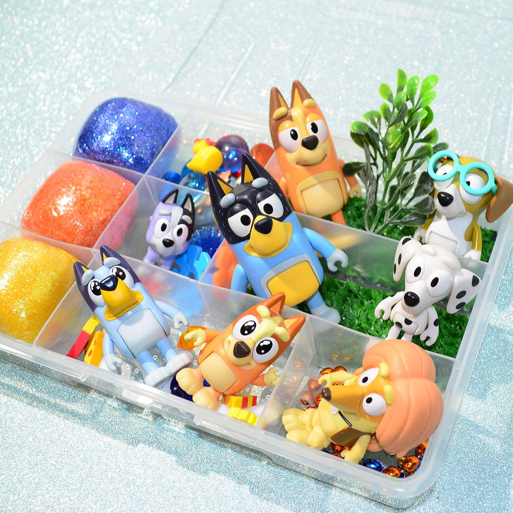 Homemade Bluey Themed Sensory Playdough Kit, Sensory Bin, Montessori, Busy Box