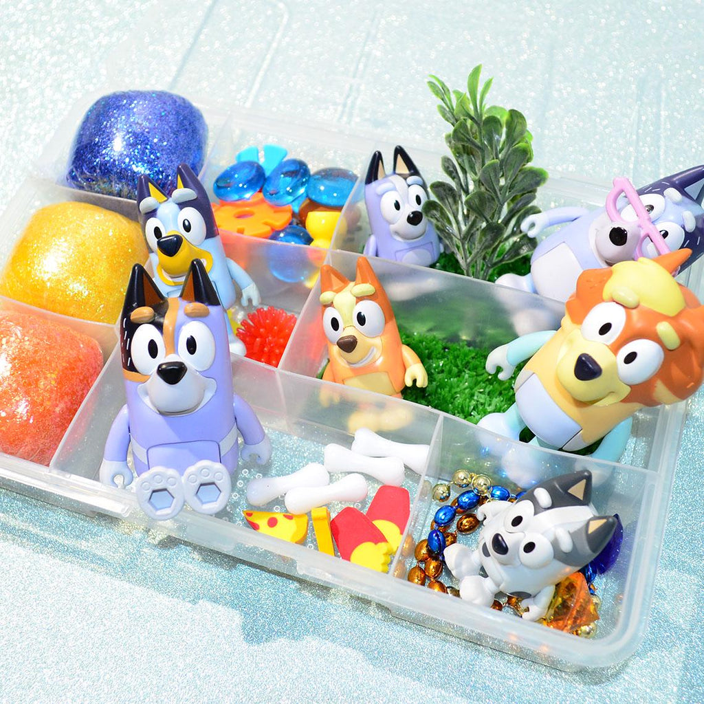 Homemade Bluey Themed Sensory Playdough Kit, Sensory Bin, Montessori, Busy Box