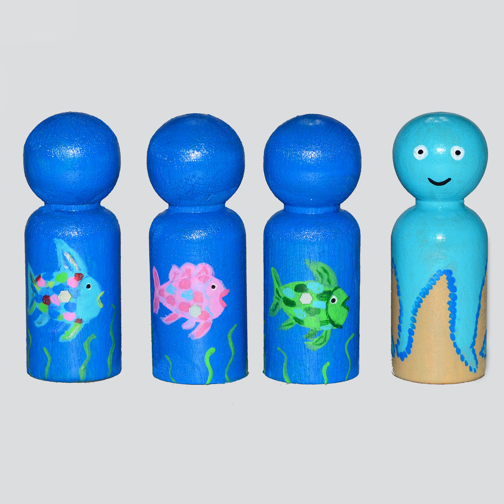 Rainbow Fish Storybook Peg Dolls' Hand painted Wooden Peg Doll Toys - Dollhouse Peg Dolls, Loose Parts Play, Montessori Toys