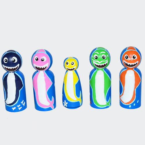 Baby Shark Peg Dolls' Hand painted Wooden Peg Doll Toys - Dollhouse Peg Dolls, Loose Parts Play, Montessori Toys