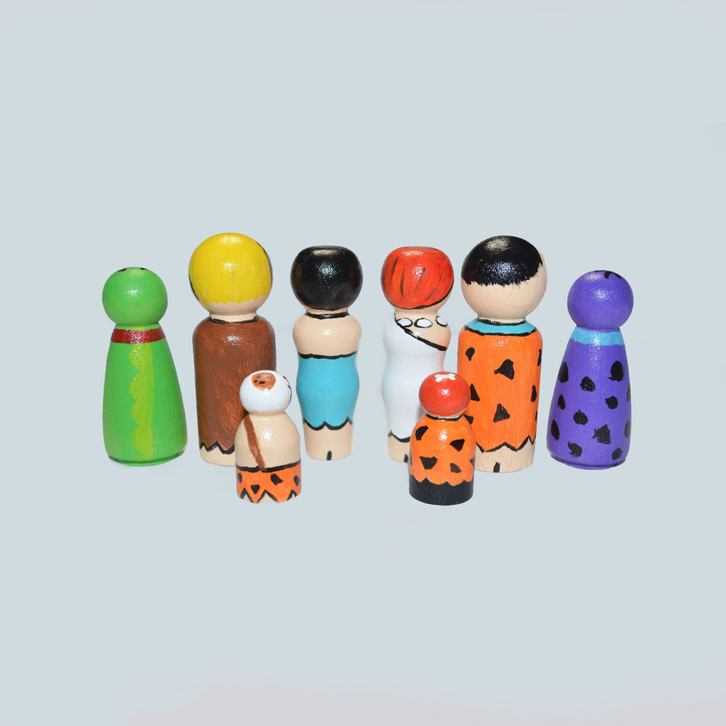 Flintstones Peg Dolls' Hand painted Wooden Peg Doll Toys - Dollhouse Peg Dolls, Loose Parts Play, Montessori Toys