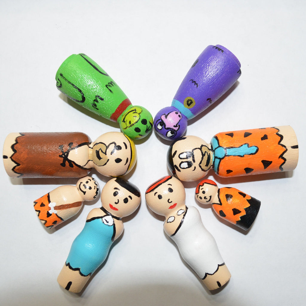 Flintstones Peg Dolls' Hand painted Wooden Peg Doll Toys - Dollhouse Peg Dolls, Loose Parts Play, Montessori Toys