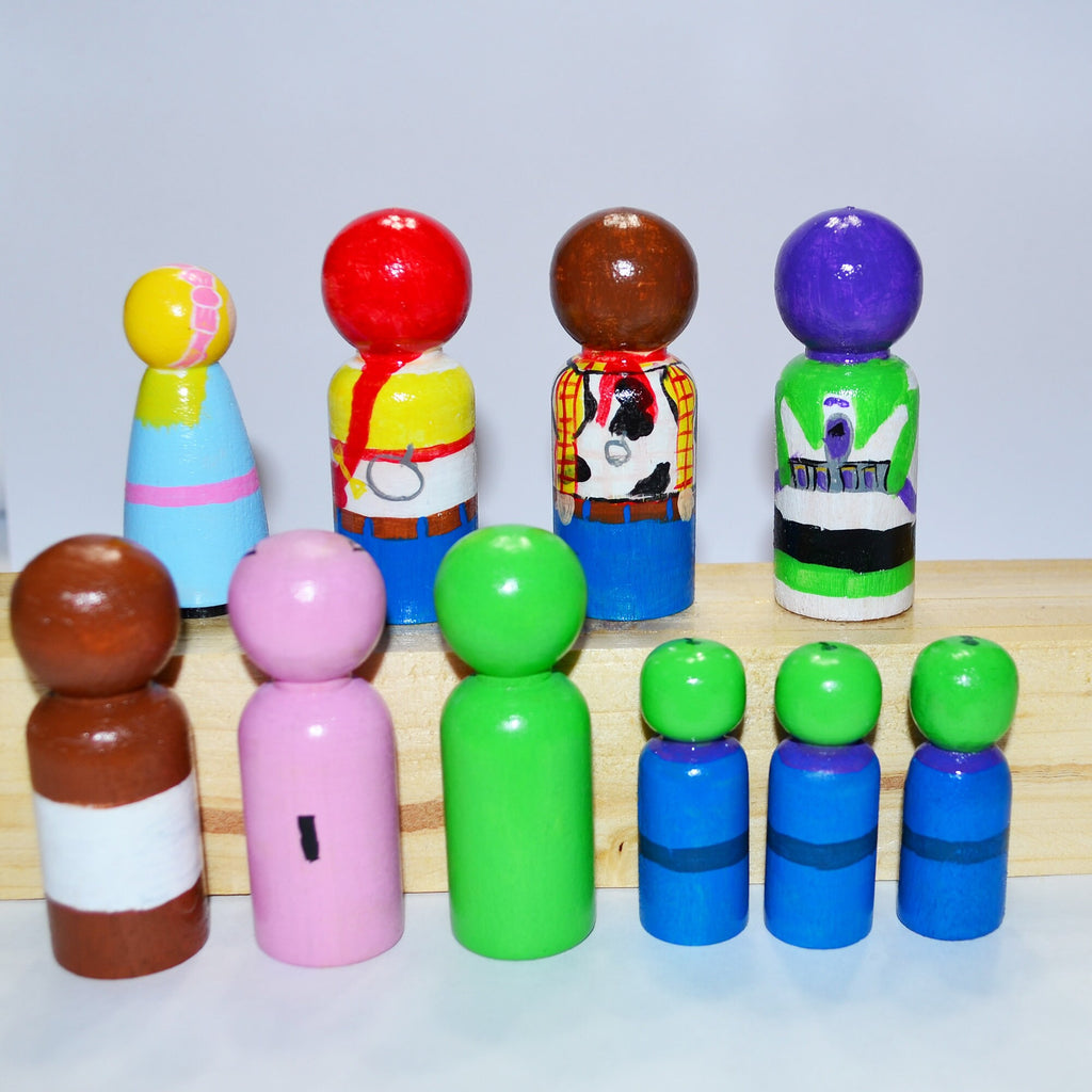 Toy Story Peg Dolls' Hand painted Wooden Peg Doll Toys - Dollhouse Peg Dolls, Loose Parts Play, Montessori Toys