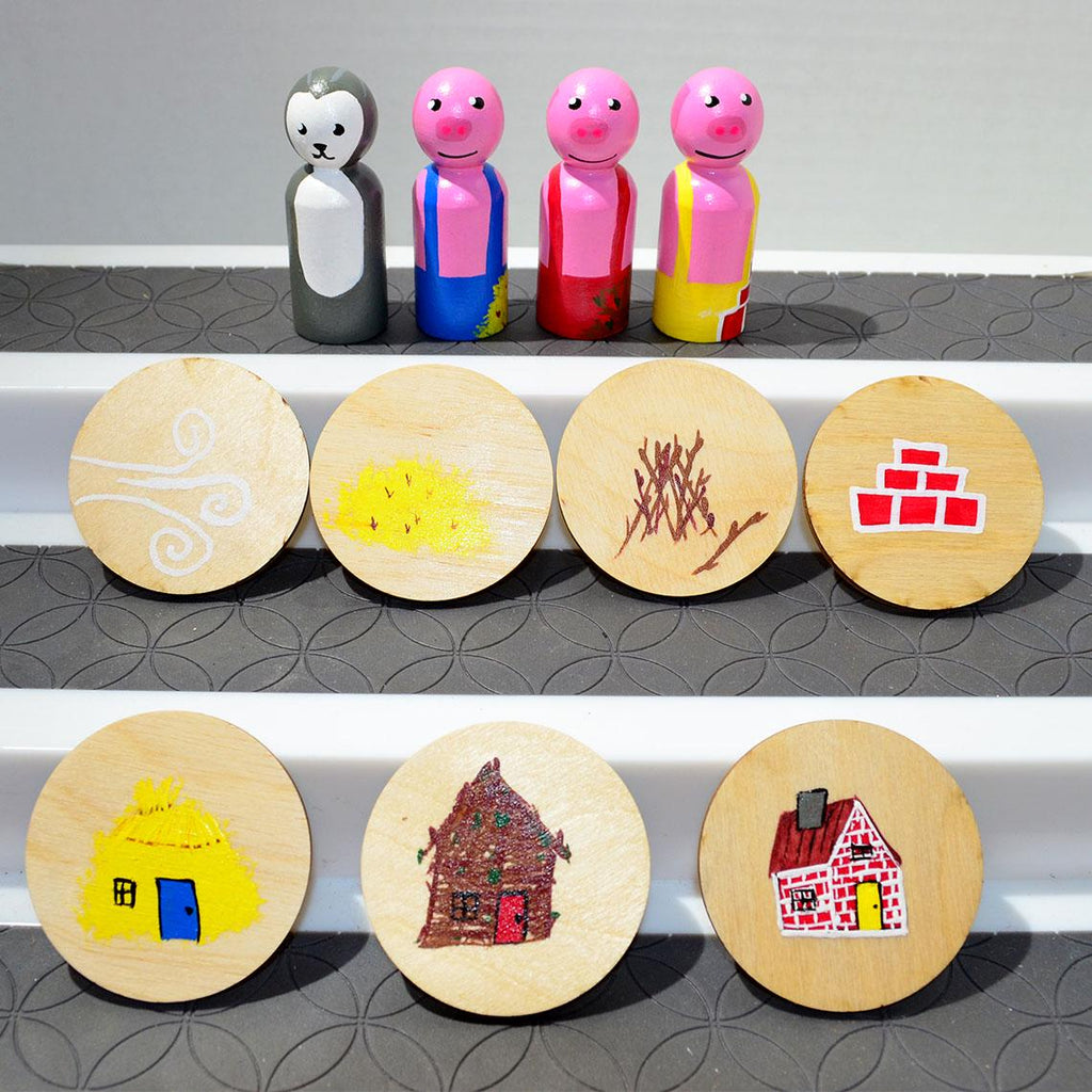 3 little Pig Storybook Peg Dolls' Hand painted Wooden Peg Doll Toys - Dollhouse Peg Dolls, Loose Parts Play, Montessori Toys