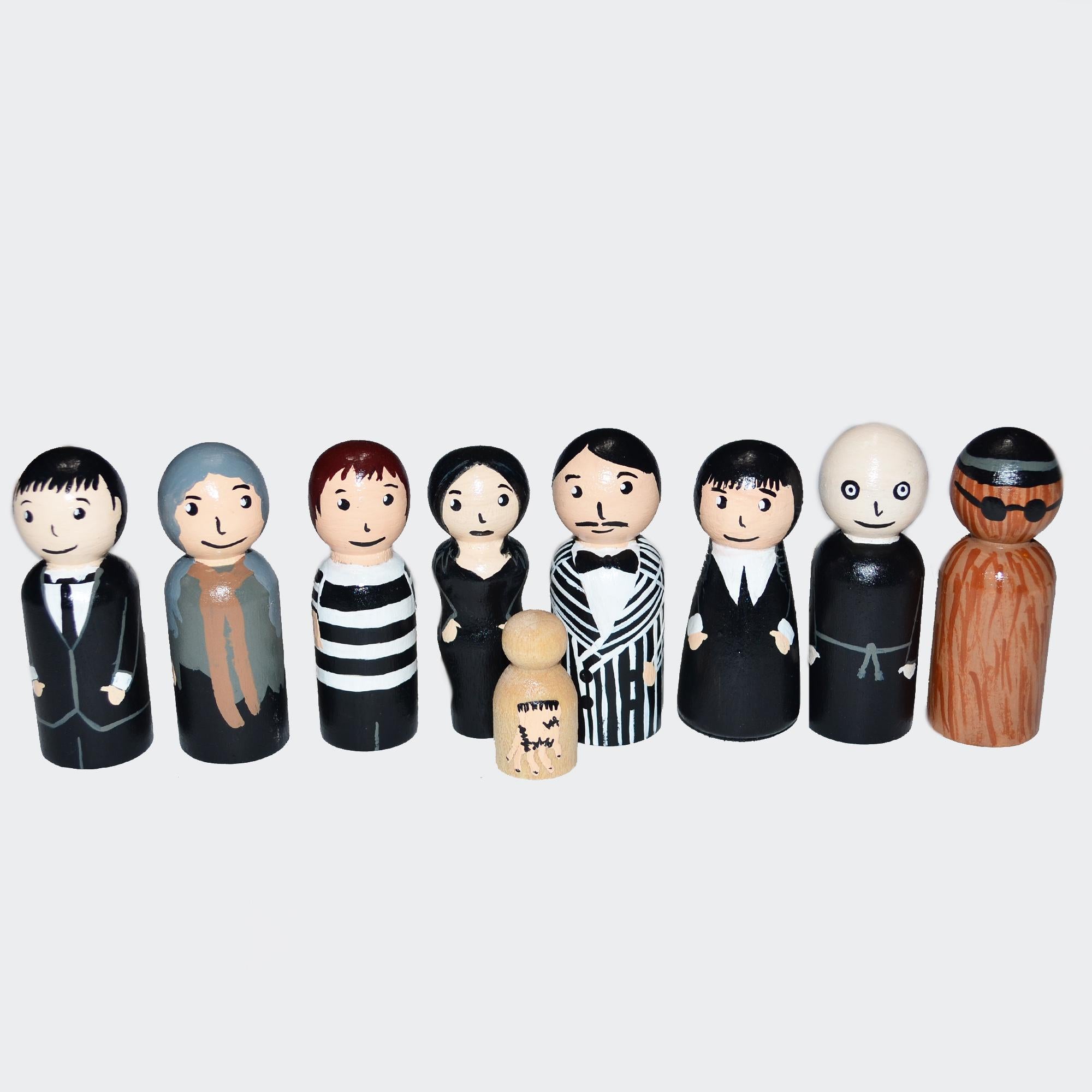 Addams Family Peg Dolls' Hand painted Wooden Peg Doll Toys - Dollhouse Peg Dolls, Loose Parts Play, Montessori Toys