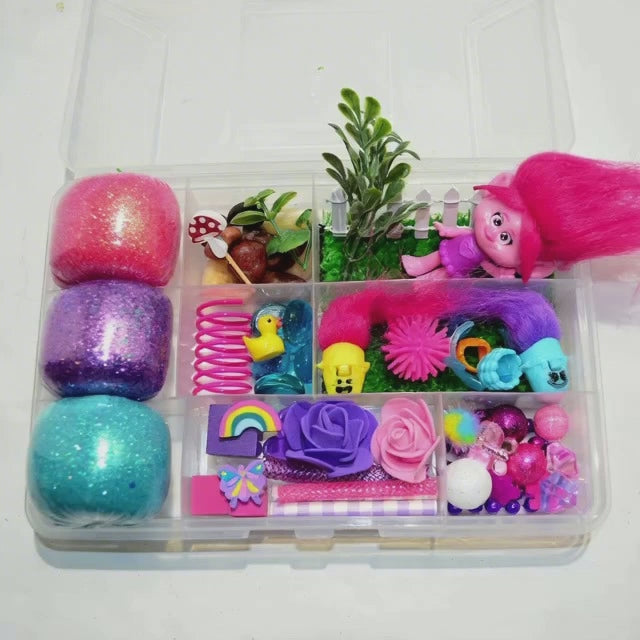 Homemade Troll Themed Sensory Playdough Kit, Sensory Bin, Montessori, Busy Box